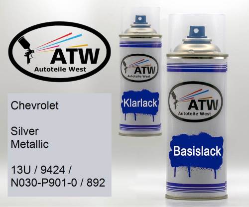 Chevrolet, Silver Metallic, 13U / 9424 / N030-P901-0 / 892: 400ml Sprühdose + 400ml Klarlack - Set, von ATW Autoteile West.